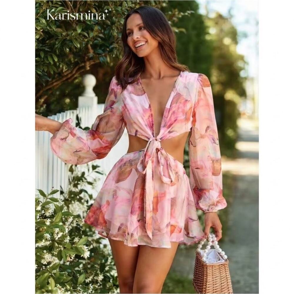 Shein Karismina Deep V Knot Cutout Waist Chiffon Romper sz 6